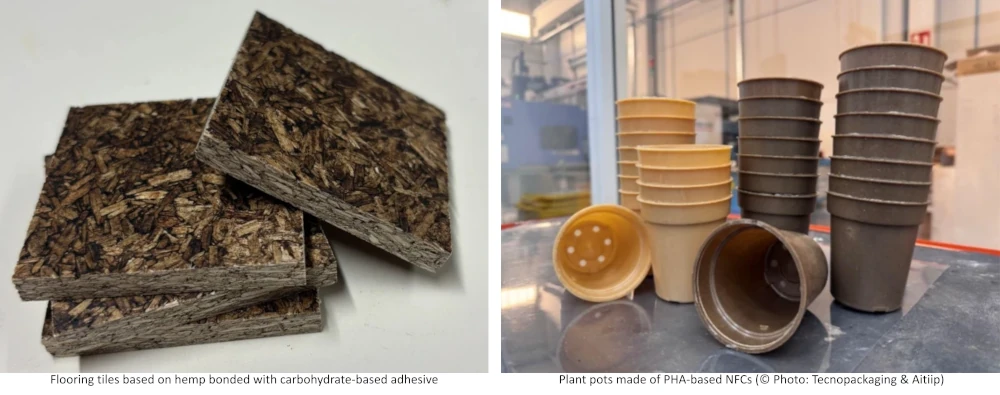 Flooring tiles based on hemp bonded with carbohydrate-based adhesive_Plant pots made of PHA-based NFCs