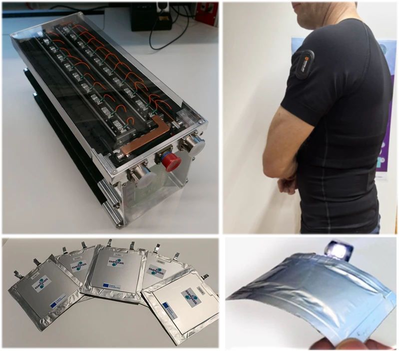 Demonstrators: left – multiple pouch cells in stack for automotive use case / right – flexible pouch cell for smart textile use case (© Photo by Emphasis)